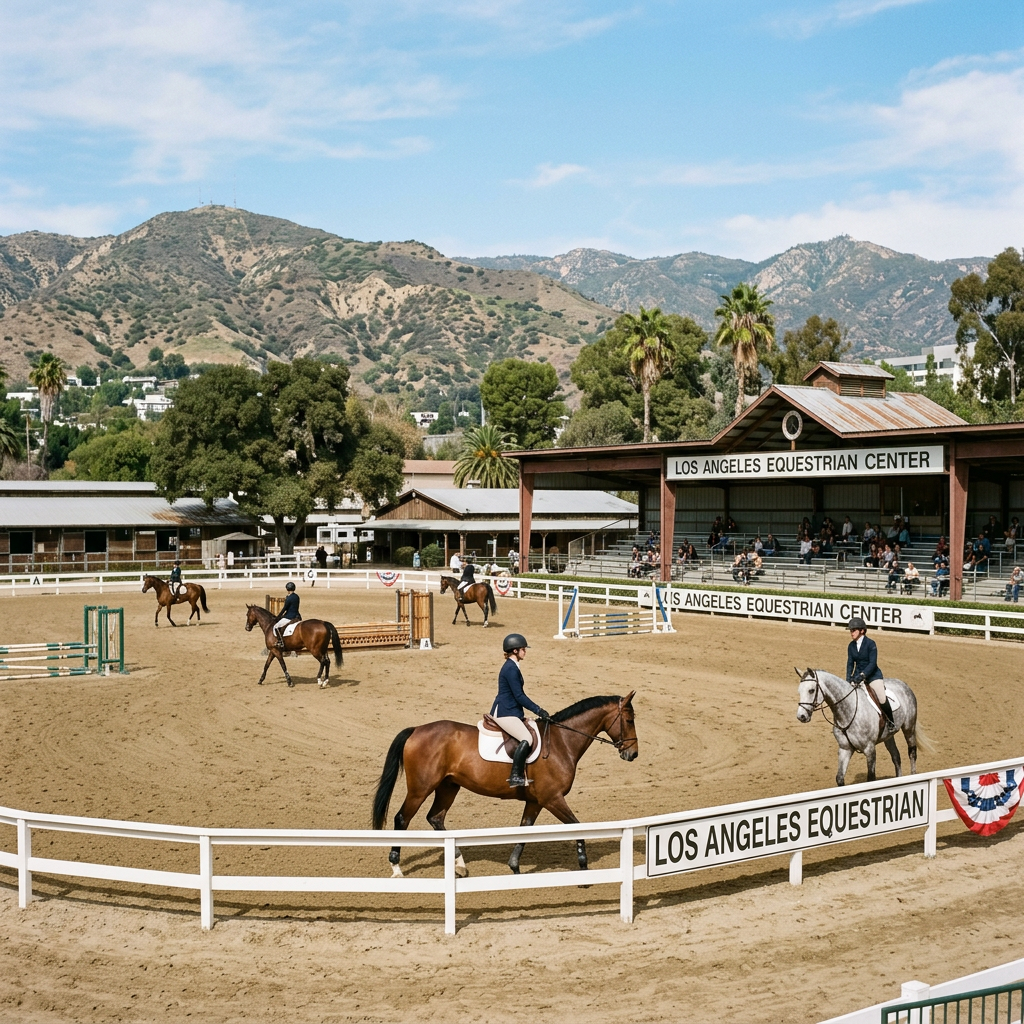 Equestrians riding horses inside an arena at Los Angeles Equestrian Center