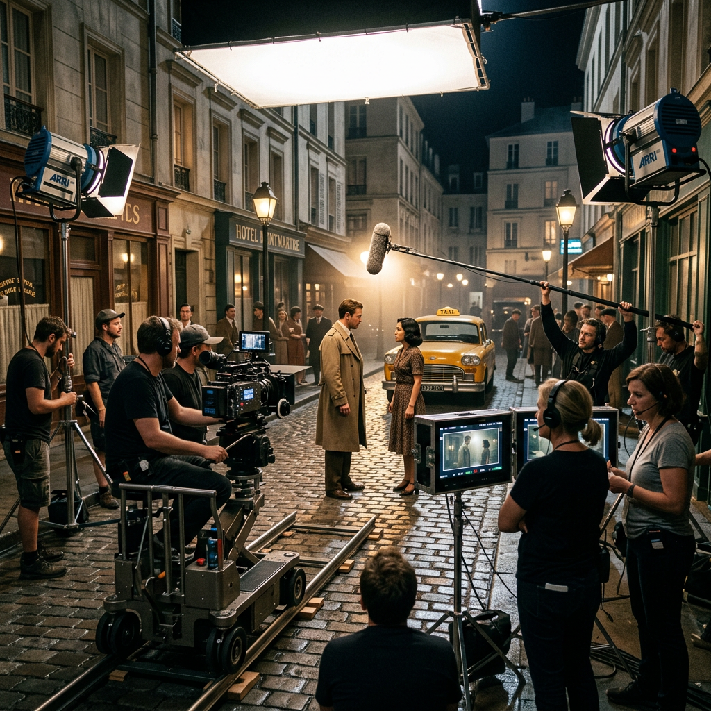 Film crew shooting two actors beside a vintage taxi at night