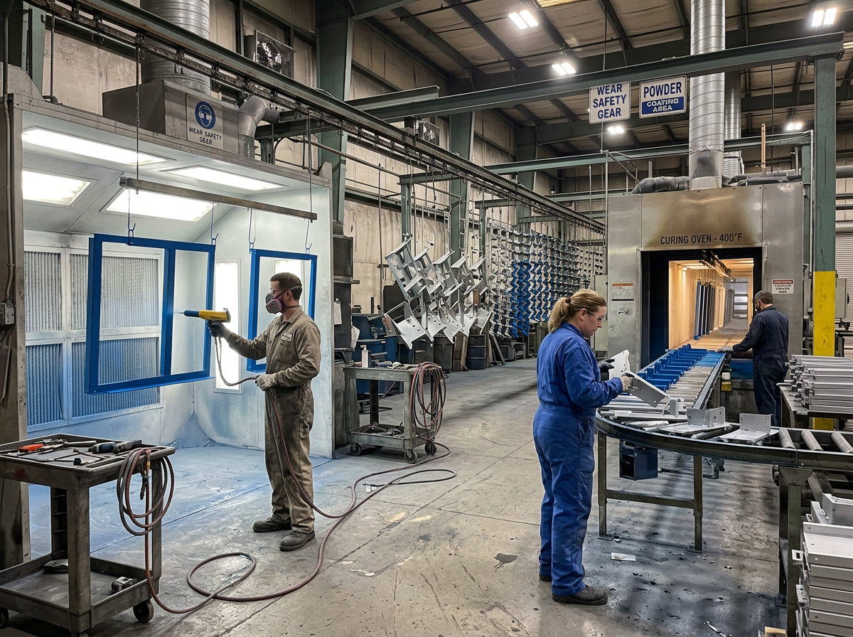 Workers powder-coating and inspecting metal components in an industrial facility