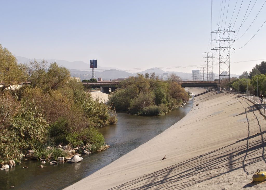 Los Angeles River in Glendale with the bicycle path visible beside the river channel