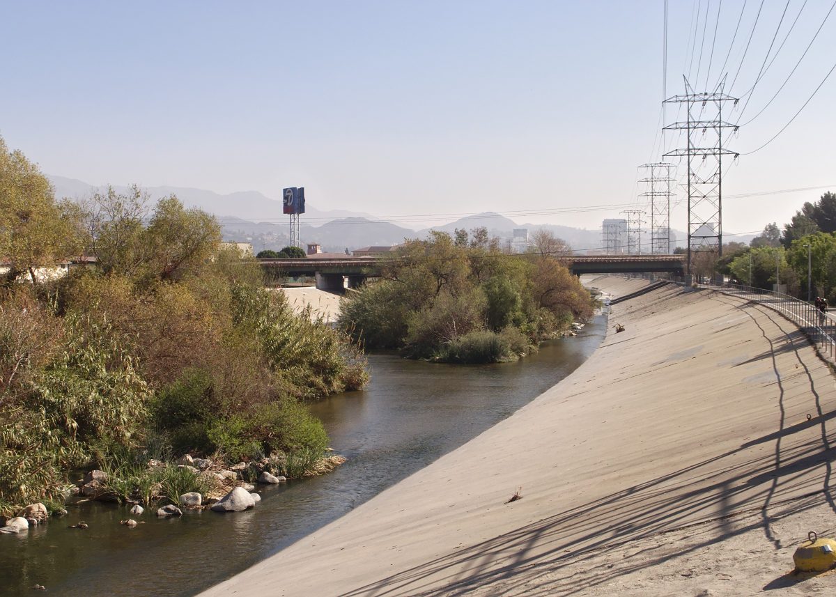 Los Angeles River in Glendale with the bicycle path visible beside the river channel